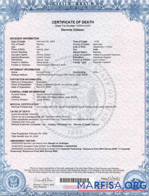 Downloadable USA state Utah death certificate template in PSD format